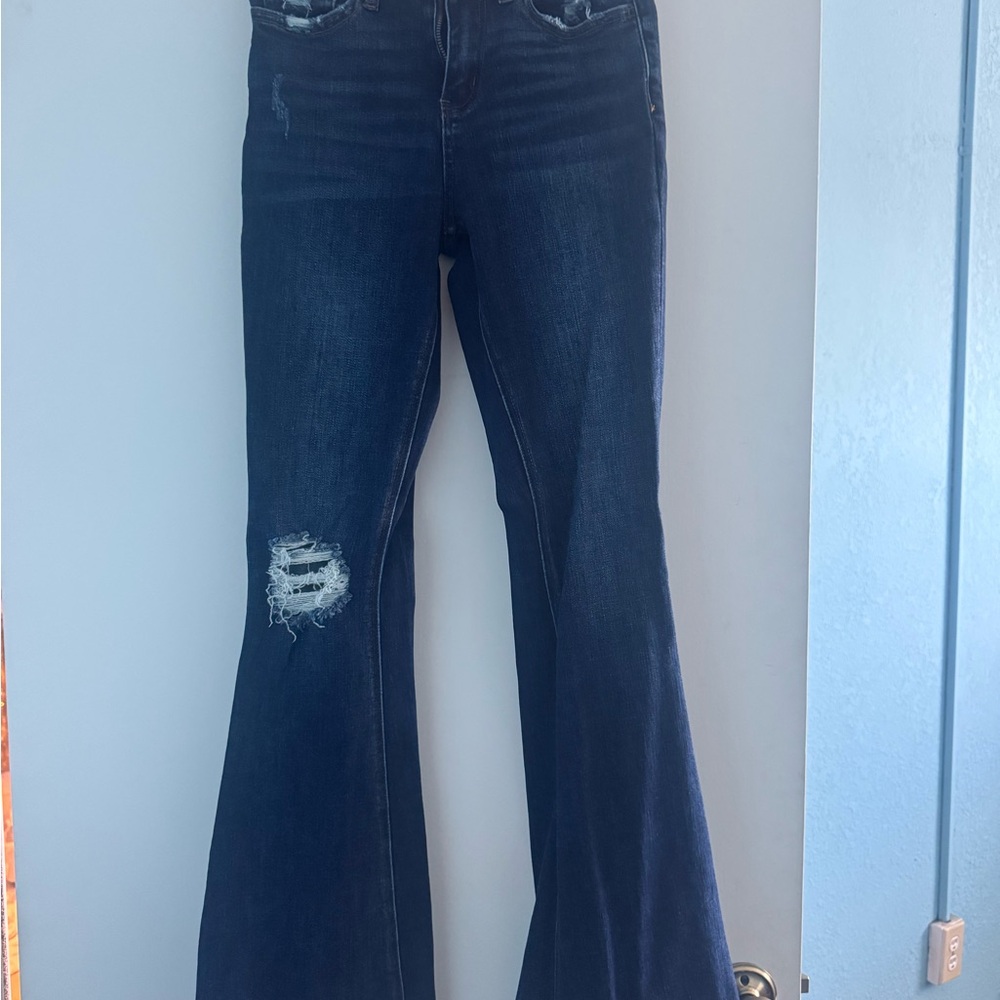 Velvet Dark Blue Distressed Flare Jeans